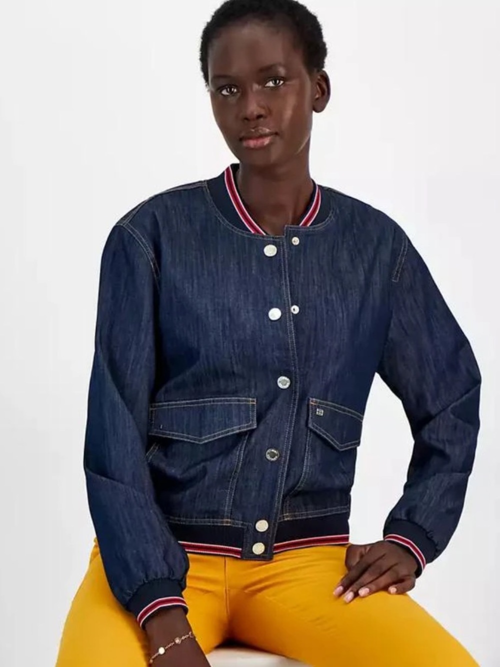 Tommy Hilfiger Dark Blue Denim Snap-Front Bomber Jacket